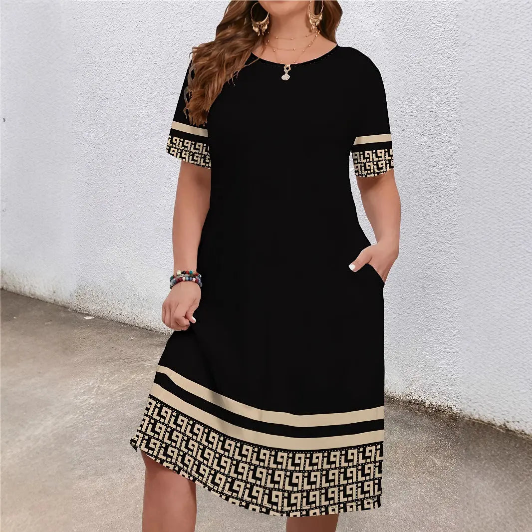 Comfortable Round Neck Fashion Elegant Contrast Color Short Sleeve Dress Lady T Fashions