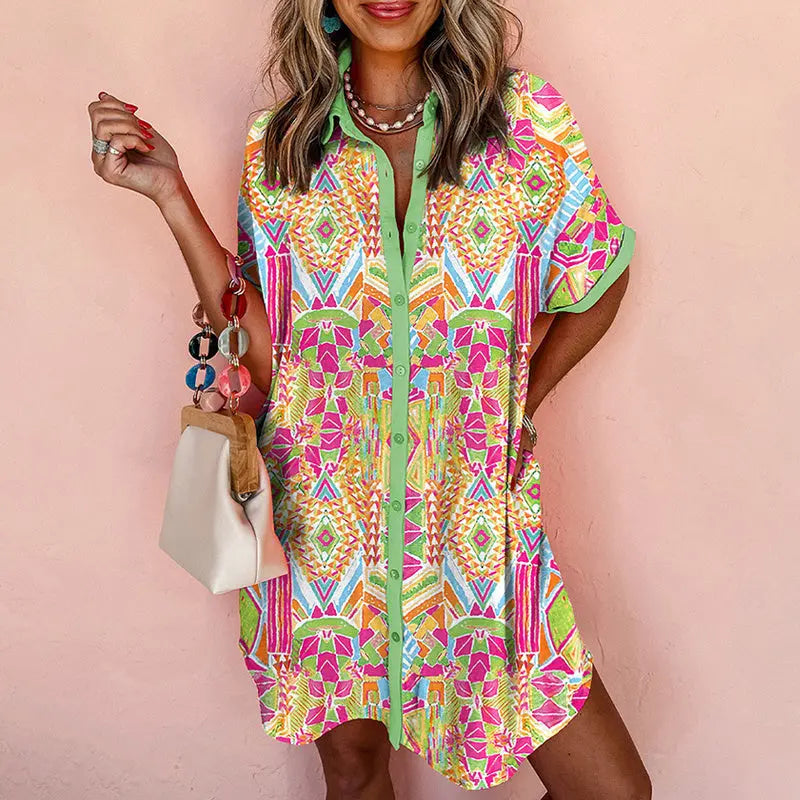 Women's Loose Fit Geometric Print Short Sleeve Dress - Casual Summer Button Front Dress, Comfortable & Stylish Lady T Fashions