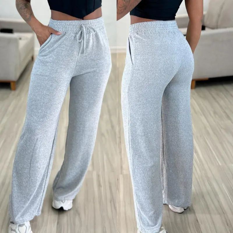 Solid Color High Waist Lace-up Elastic Waist Trimming Casual Trousers Lady T Fashions