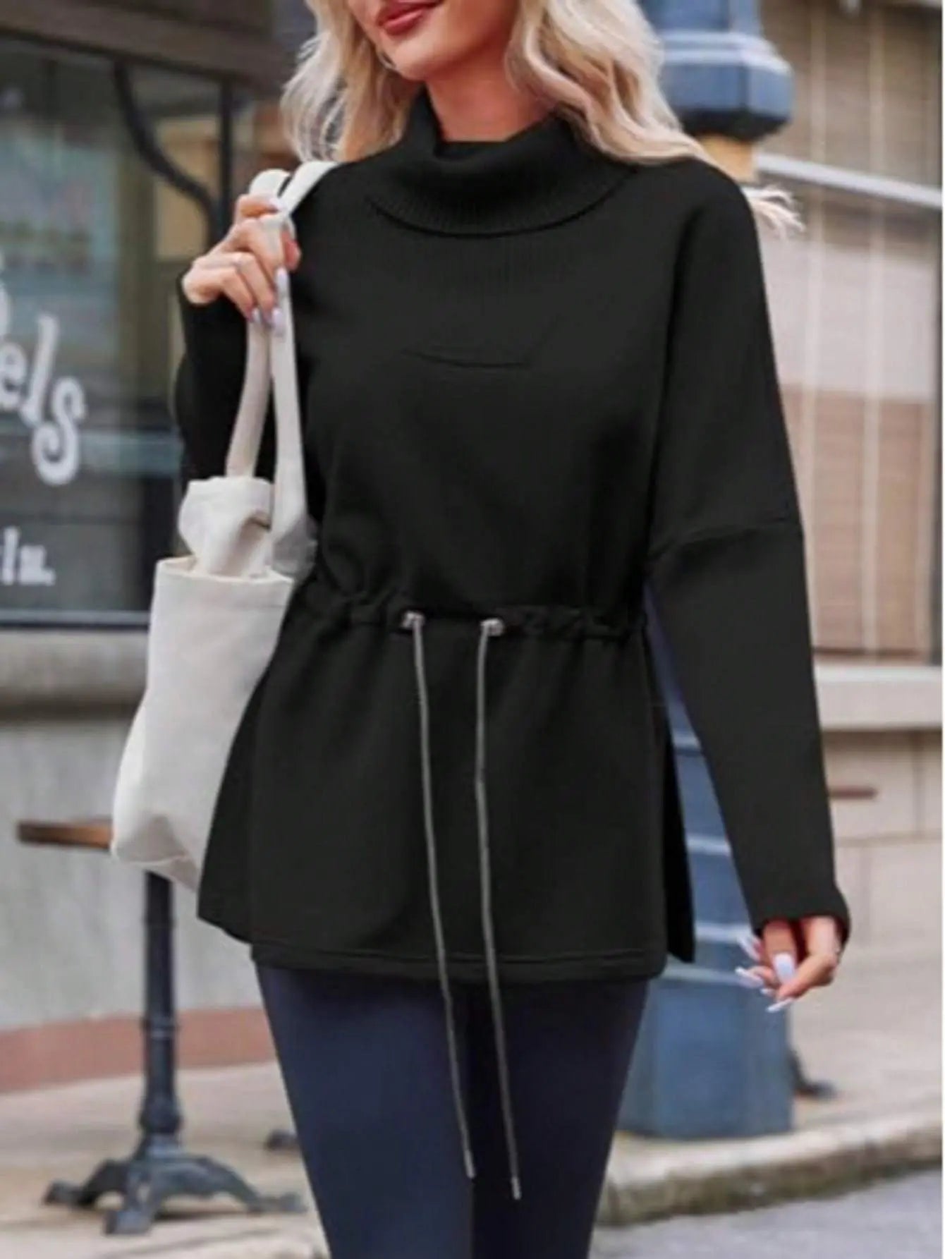 Fisoew Women's Turtleneck Sweatshirts Fleece Drawstring Waist Casual Long Sleeve Pullover Sweater Side Slit Tunic Tops Lady T Fashions