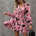 Women's Elegant Printed Lantern Sleeve A-Line Dress V-Neck, Ruffled Gathered Waist Detail, Flowy Midi Dress For Casual & Formal Occasions Lady T Fashions