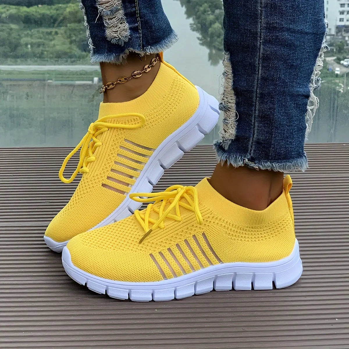 Women's Mesh Breathable Running Shoes, Solid Color Lace Up Front Summer Walking Shoes, Flying Woven Casual Sneakers Lady T Fashions