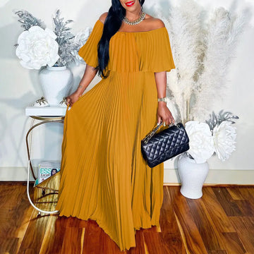Off Shoulder Wide Waist Pleated Dress Lady T Fashions