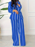 [Two-piece Set Long Sleeve Shirt] Striped Print Two-piece Set, Button Front Collar Long Sleeve Shirt & High Waist Wide Leg Loose Pants Set, Women's Clothing Lady T Fashions