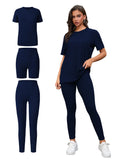 Three Piece Set, Round Neck Short Sleeved Top And Shorts And Pants Set, Sports And Casual Clothing Lady T Fashions