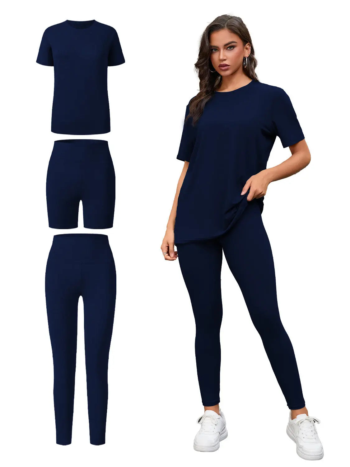 Three Piece Set, Round Neck Short Sleeved Top And Shorts And Pants Set, Sports And Casual Clothing Lady T Fashions