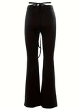 Long Length Solid Criss Cross Flare Leggings - High Waist Fitted, Elastic Waist, Mid Elasticity, Cross Strap, Sheer, Machine Washable - Perfect for Weekend Casual, Fall Season, Young Women Lady T Fashions