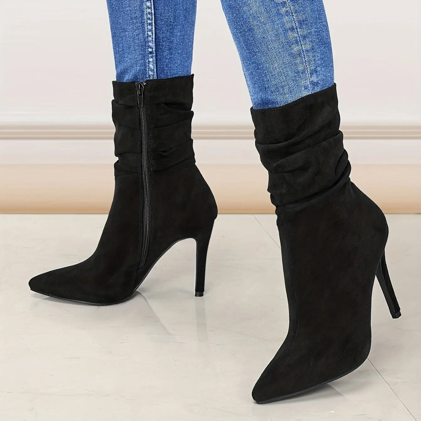 Women's Mid-Calf Boots, Plain Fashionable Boots with Zipper for Comfort and Casual Wear, Round Toe in the Middle of Calf Lady T Fashions