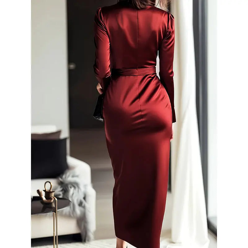 Women's Burgundy Satin Midi Dress Elegant V-Neck Long Sleeve Bodycon Dress With Belted Waist Lady T Fashions