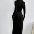 Ladies' Solid Color Long Sleeved High Neck Dress With Ribbed Details And Side Slit Button Decoration Dress Lady T Fashions
