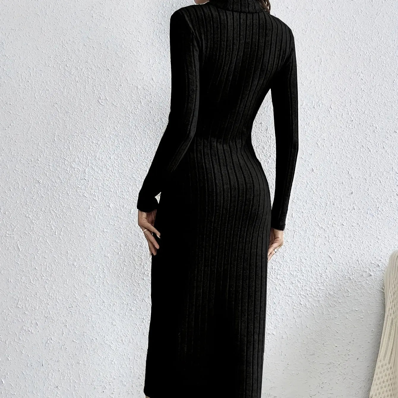 Ladies' Solid Color Long Sleeved High Neck Dress With Ribbed Details And Side Slit Button Decoration Dress Lady T Fashions