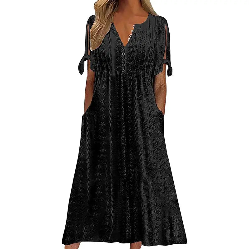 Women's Eyelet V-Neck Maxi Dress Short Sleeve Flowy A-Line Summer Beach Dress Lady T Fashions