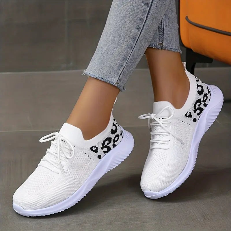 Women's Leopard Knit Sports Shoes, Breathable Lace Up Low Top Running Shoes, Casual Walking Tennis Sneakers Lady T Fashions