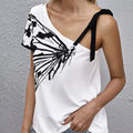 Ladies' Printed Fashion Oblique Shoulder Butterfly Printed Irregular Off Shoulder T-shirt Lady T Fashions