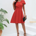 Women's Solid Color Pleated V-neck Slim Fit Waist Cinched A-line Dress Lady T Fashions
