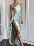 Sexy One-shoulder Backless Slit Dress Summer Elegant Slim-fit Solid Color Satin Dresses For Women Lady T Fashions