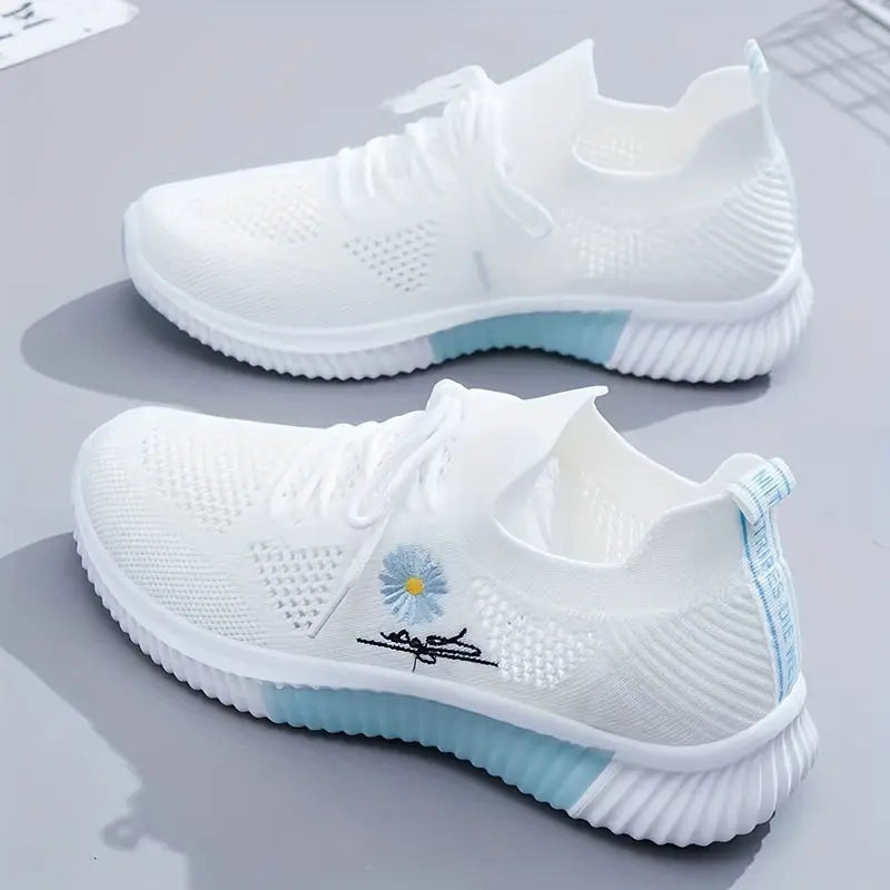 Women's Daisy Knitted Sock Sneakers, Breathable & Comfortable Lace Up Sports Shoes, Casual Running Walking Sneakers Lady T Fashions