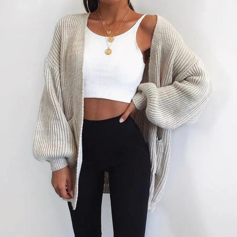 Solid color loose European and American sweater mid-length cardigan Lady T Fashions