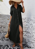Women's Solid Color Roll-Up Sleeve Long Shirt Dress With Front Buttons, Holiday Leisure Style Lady T Fashions