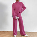 Women's Solid Color 2-Piece Set High Neck Long Sleeve Top & Pants, Striped Loungewear For Fall&Winter Lady T Fashions