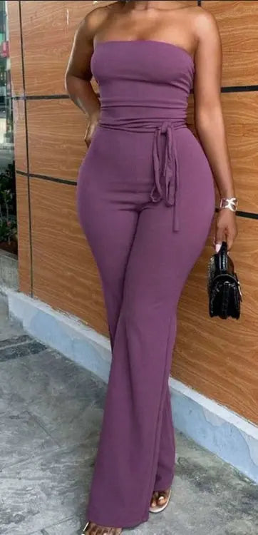 Casual Solid Wine Red Strapless Jumpsuit With Wide Leg For Women - E Lady T Fashions