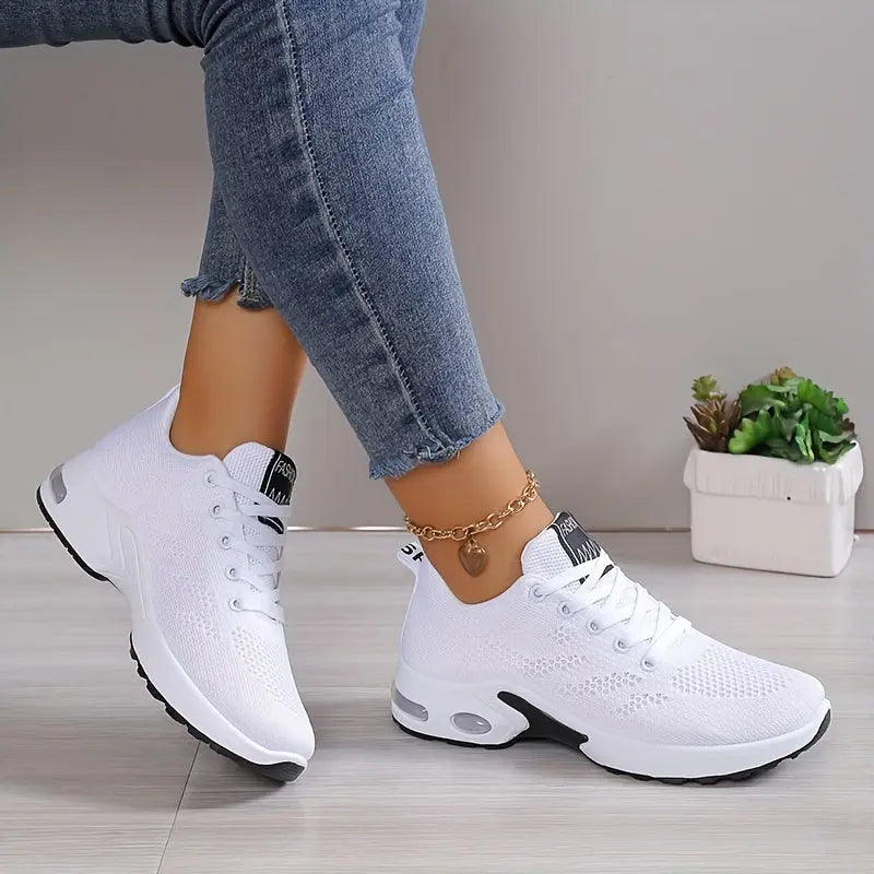 Plus Size Women's Comfortable Air Cushion Low Top Running Sneakers, Lace Up Knitted Outdoor Athletic Shoes Lady T Fashions
