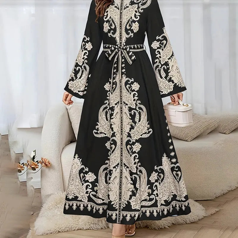 Women's Vintage High-Neck Floral Maxi Dress Loose Long Sleeve, Adjustable Waist Belt, Middle Eastern Inspired Holiday Dress Ankle-Length Gown Lady T Fashions