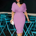 Women's Elegant Deep V Neck Wrap Bodycon Dress Back Zipper Pencil Midi Dress Lady T Fashions
