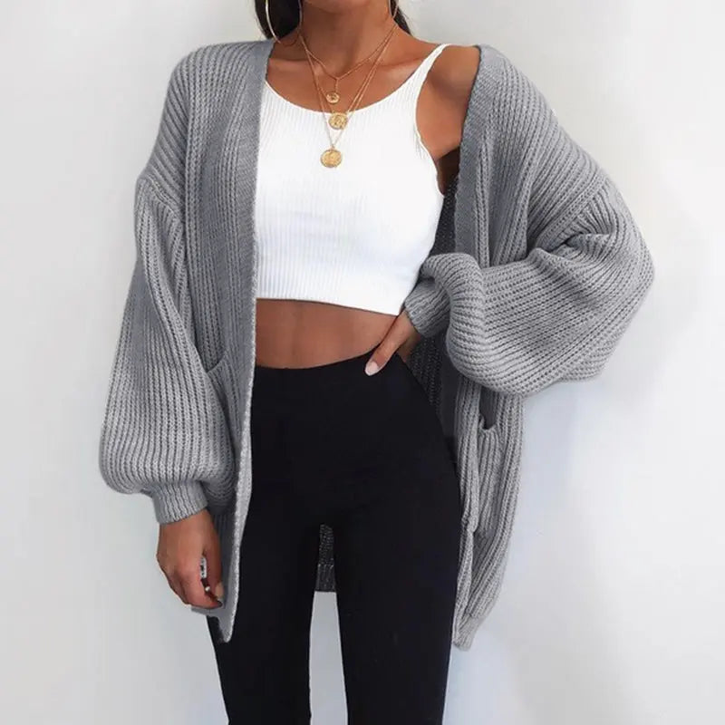 Solid color loose European and American sweater mid-length cardigan Lady T Fashions