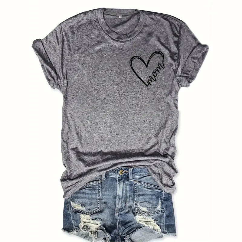 Women's Heart & Letter Print Crew Neck T-Shirt, Casual Short Sleeve Top For Spring & Summer Lady T Fashions
