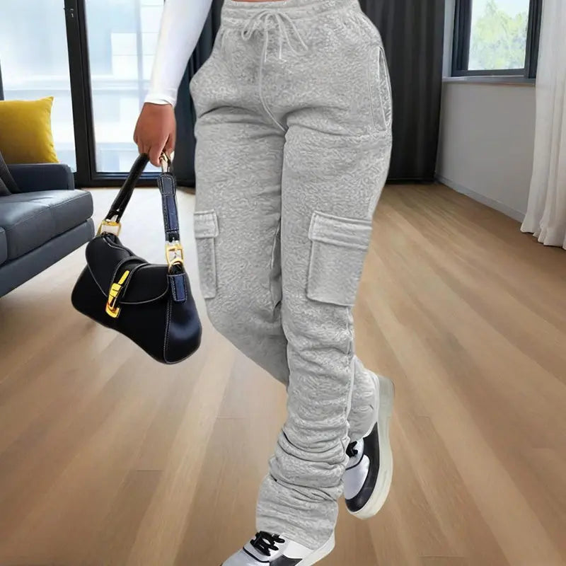Women's Solid Color Straight Leg Pants - Stretchy Drawstring Waist With Dual Pockets Casual Trousers For Spring&Fall Lady T Fashions