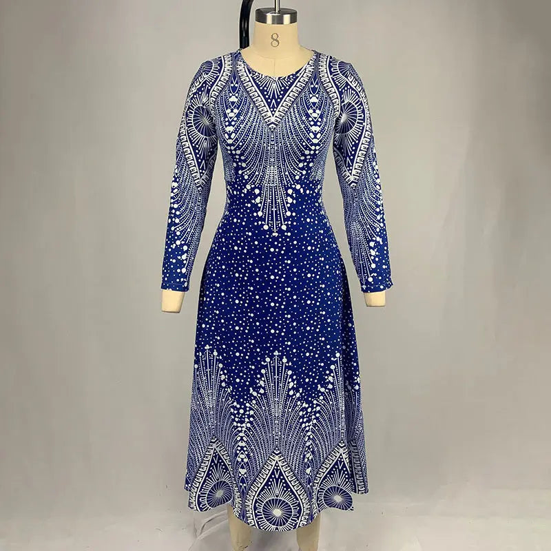 Women's Plus Size Elegant V-Neck Long Sleeve A-Line Dress With Starry Sky Print, Slim-Fit Flowy Maxi Dress For Holiday & Party Wear Lady T Fashions