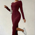 Women's Crew Neck Long Sleeve Ribbed Dress Side Slit Knit Bodycon Midi Dress Lady T Fashions