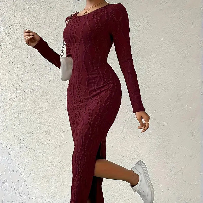Women's Crew Neck Long Sleeve Ribbed Dress Side Slit Knit Bodycon Midi Dress Lady T Fashions