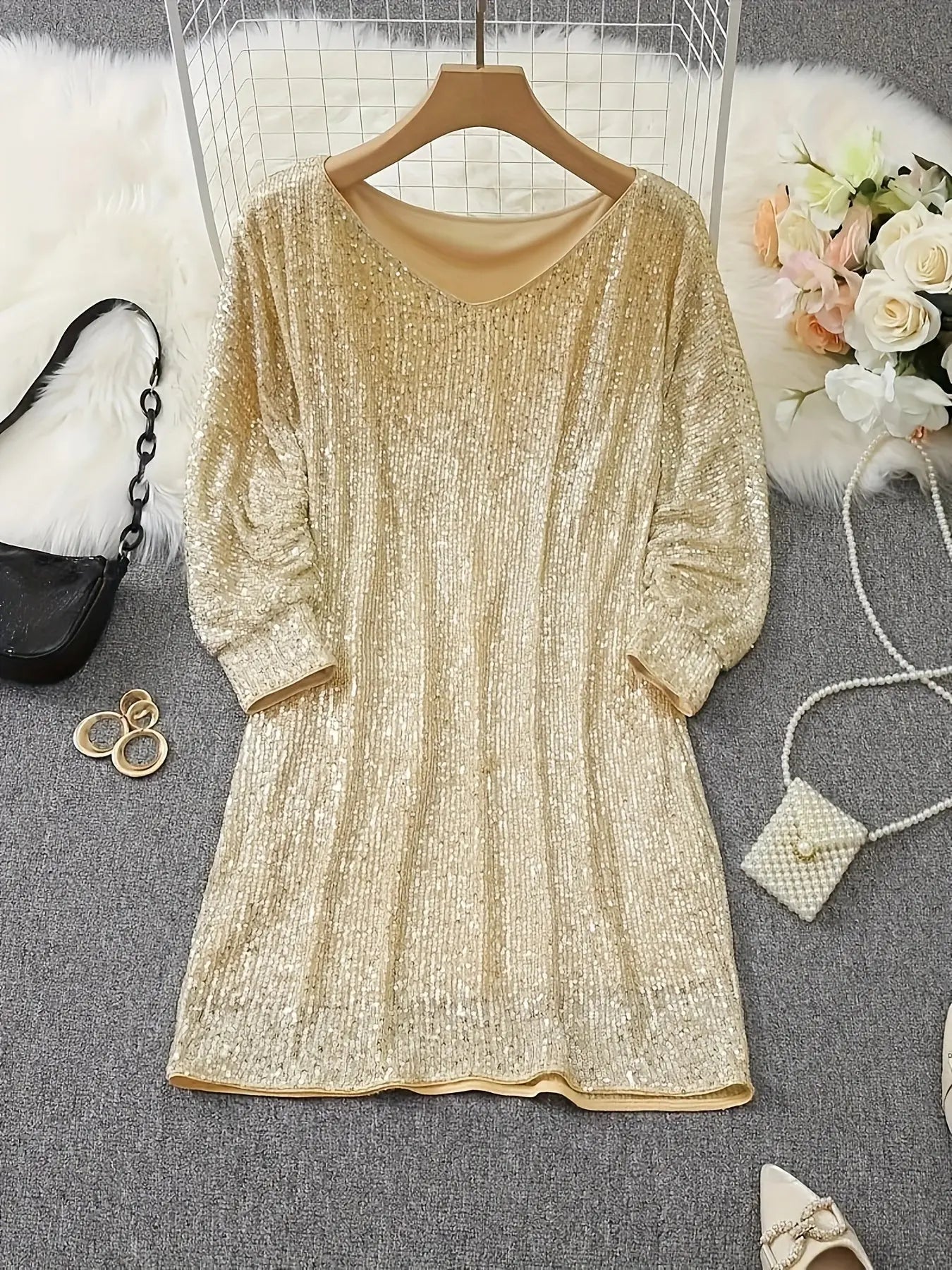 Vibrant Bodycon V-Neck Long Sleeve Sequin Dress - Shimmering Contrast Details, Mid-Elastic Polyester Fabric, Sexy Party Wear For Women - All-Season, No Sheer, Knit Fabric Construction Lady T Fashions