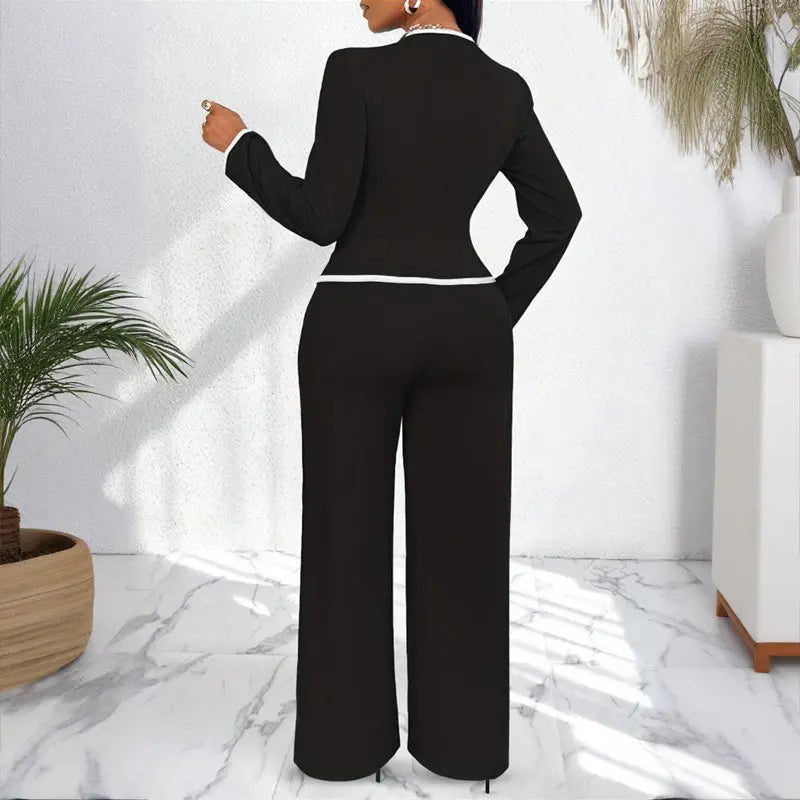 Women's Two-Piece V-Neck Long Sleeve Blouse With Contrast Trim & Straight Leg Wide Pants Set - Office Wear Suit For Spring&Fall Lady T Fashions