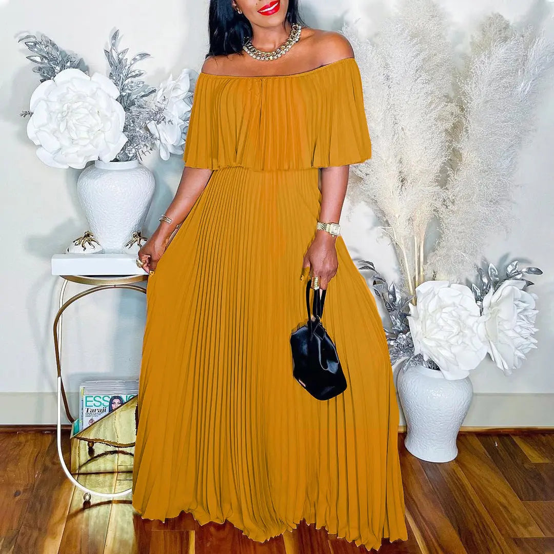 Off Shoulder Wide Waist Pleated Dress Lady T Fashions
