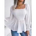 Women's Peplum Tops Square Neck Ruffle Trim Long Sleeve Blouse Smocked Top Dressy Casual Shirts Lady T Fashions
