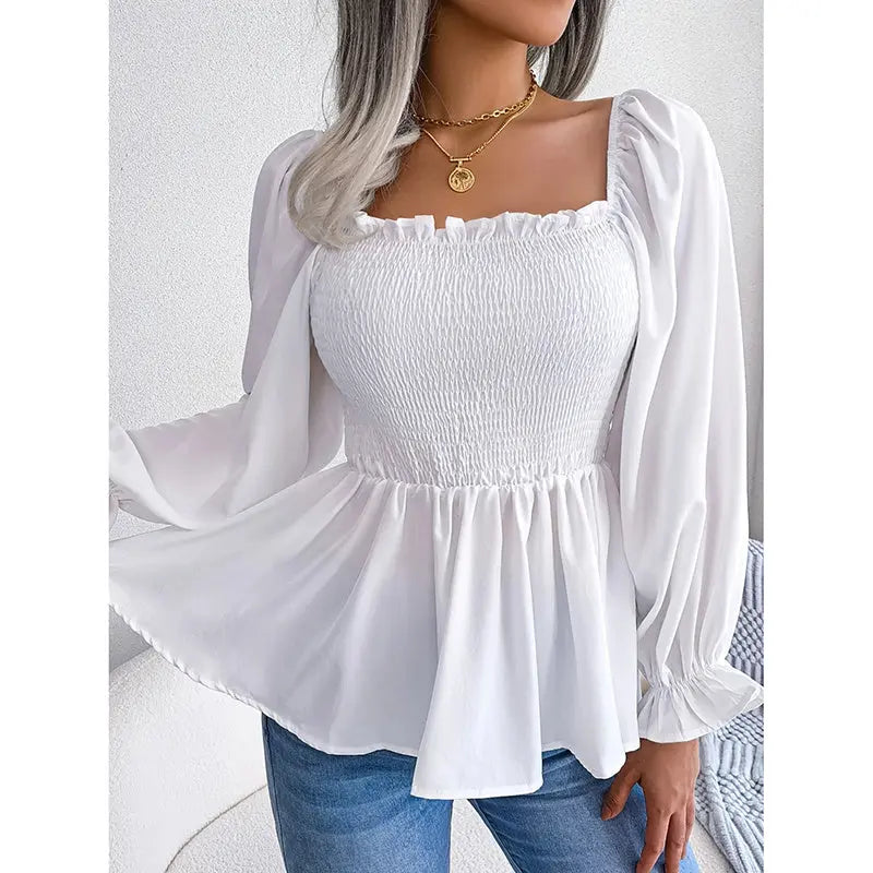 Women's Peplum Tops Square Neck Ruffle Trim Long Sleeve Blouse Smocked Top Dressy Casual Shirts Lady T Fashions