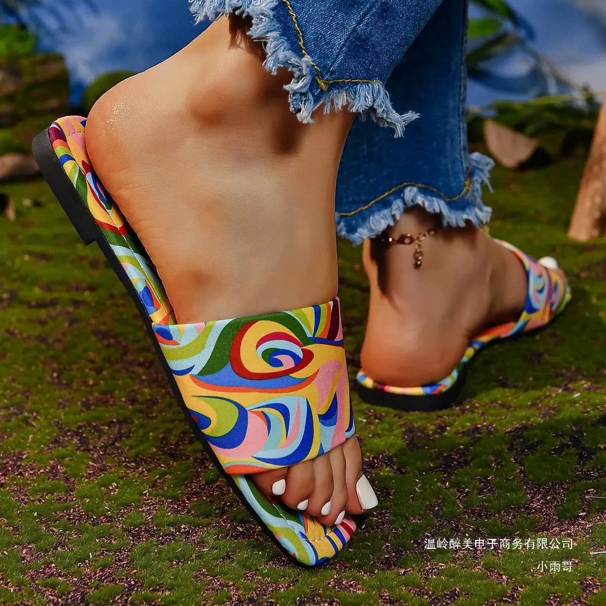 Graffiti Flat Slippers Outdoor Candy Color Square Toe Beach Sandals Lady T Fashions