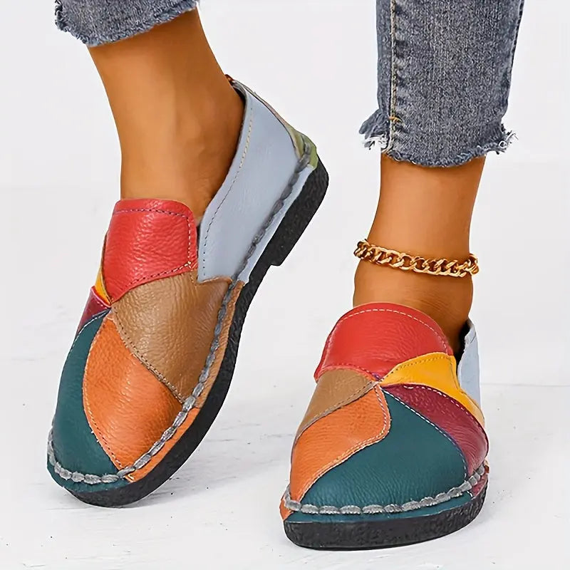 [Fashion Loafers] Soft Colorblock Women's Flat Loafers | Fashion Round Toe Slip On Faux Leather Shoes, Casual Walking Anti-skid Shoes Lady T Fashions