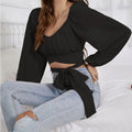 Ladies' Fashionable And Sexy Long Sleeved Lace Up Short Top Korean Retro Slim Fit Bubble Sleeve Personalized Square Neck Shirt Solid Color Slimming Lady T Fashions