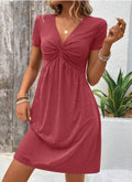 Color Cotton Short Sleeve V-neck Design Chest Twist Waist Dress Lady T Fashions