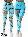 2 Pack New Style Hollow-Out Tie-Dye High-Waisted Tummy-Control Yoga Pants Lady T Fashions