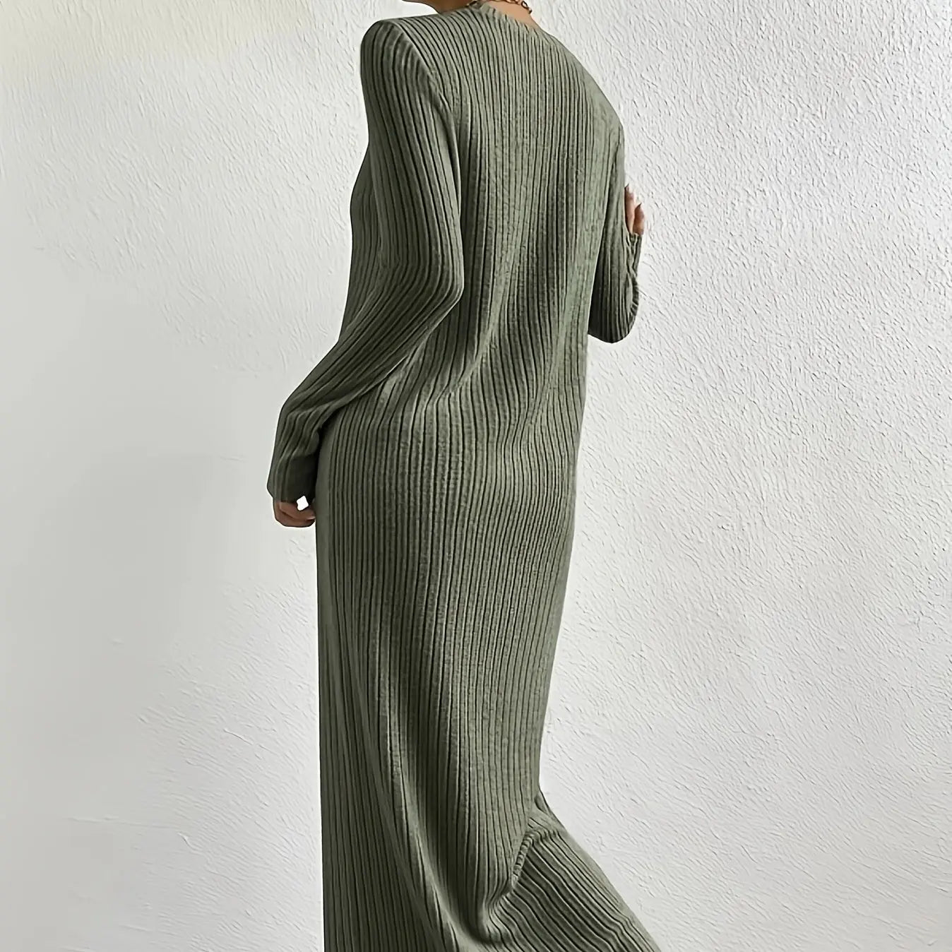 Women's Solid Color Ribbed Round Neck Long Sleeved Straight Tube Dress Lady T Fashions