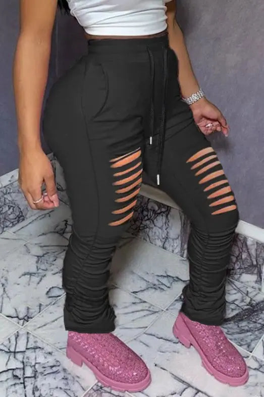 Ladies' Fashionable Casual Solid Color Autumn And Winter Perforated Pants Lady T Fashions
