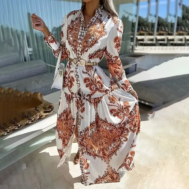 Women's Bohemian Flowy Maxi Dress - Charming V-Neck With Bell Sleeves, Bold Printed Pattern, Side Slit Design Lady T Fashions