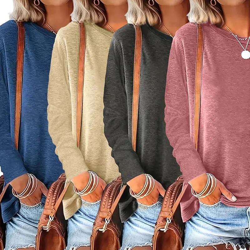 4 Pack Women's Solid Color Casual Set Round Neck Long Sleeve Tops For Spring&Fall Lady T Fashions
