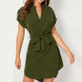 V-neck Short Sleeve Dress With Belt Summer Fashion Bowknot Dresses For Women Clothing Lady T Fashions