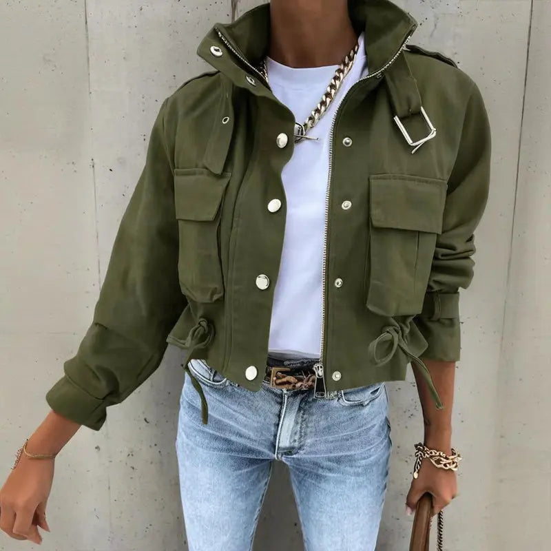 Women's Stand Collar Long Sleeve Jacket With Button & Zipper Closure - Two Large Pockets & Drawstring Hem Casual Short Jacket For Spring&Fall Lady T Fashions